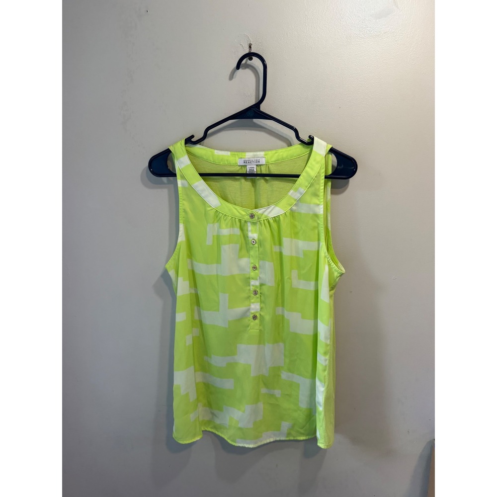 Kenneth‎ Cole Reaction Lime Green Geometric Sleeveless Button Front Top Large